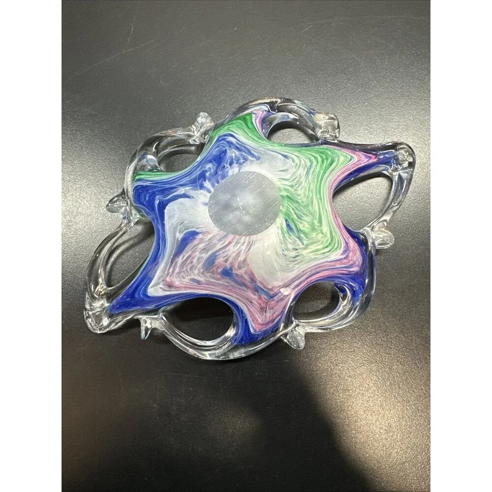 Art Glass Lace Edge Bowl Dish Sunburst Starfish Rainbow Swirl 8.5” Murano Style